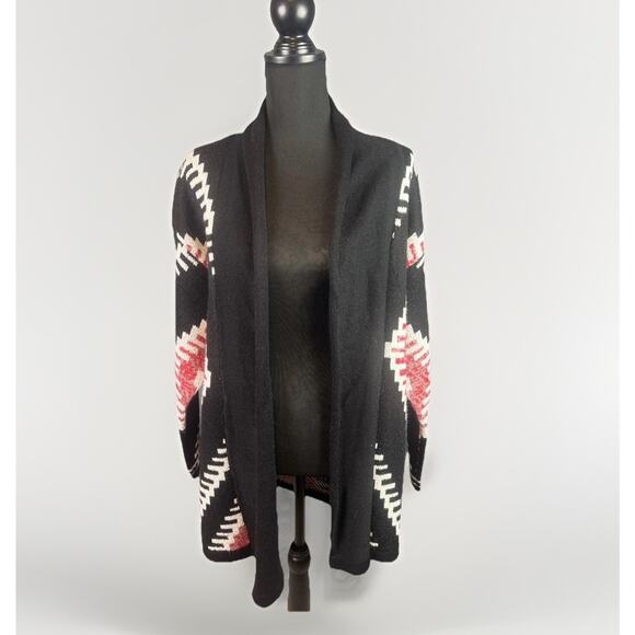 Effeci Sweater Cardigan Sz XL Black Open Front Shawl Collar Aztec Boho FLAWS - Picture 2 of 10